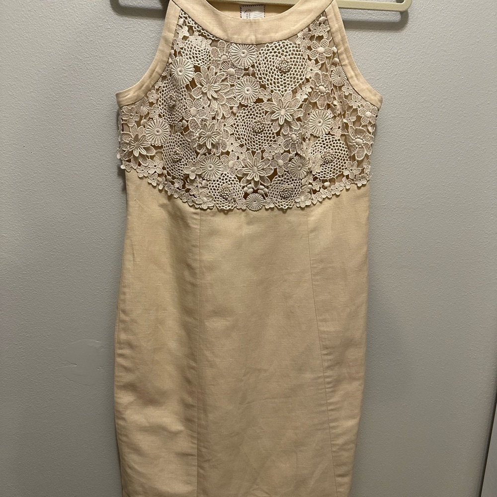 Anthropologie Postage Stamp Oleander crochet Linen Sheath Dress Size 10 Cream - Picture 9 of 14